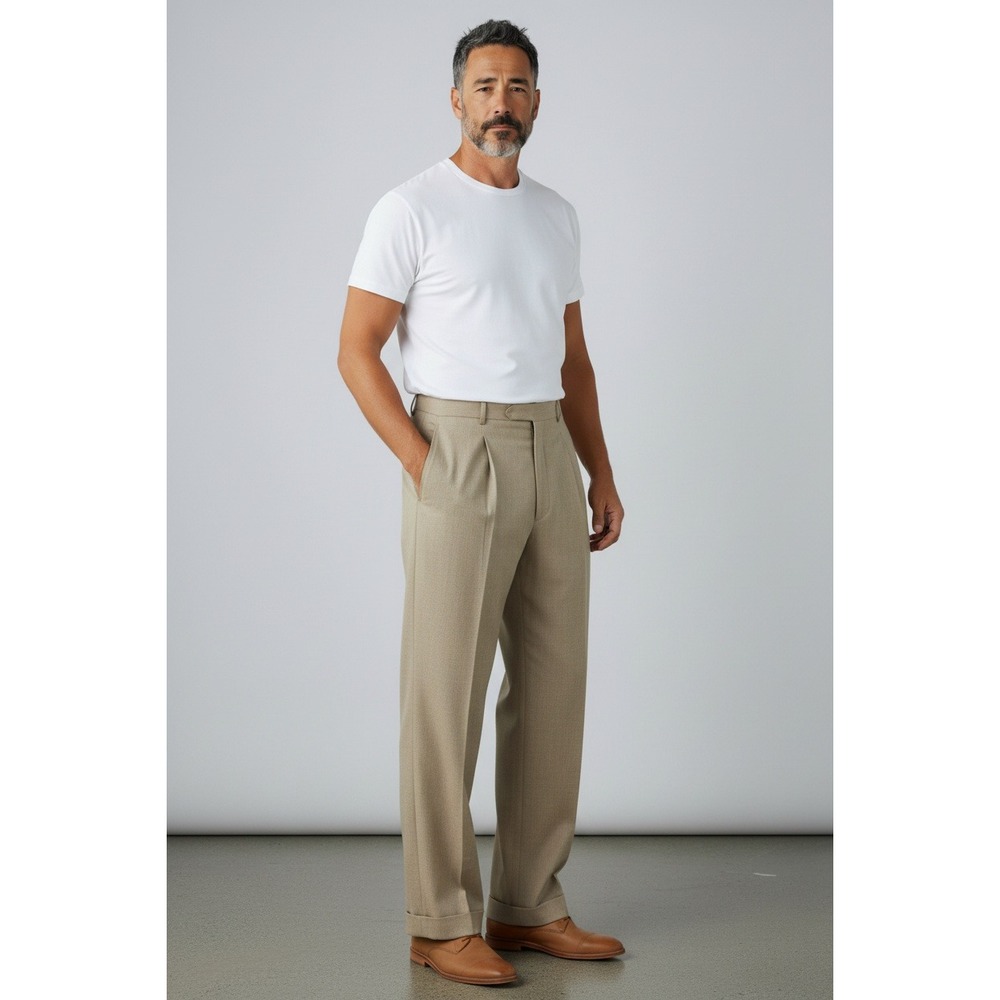Stacy Adams Mens Pleated Wide Leg Cuffed Dress Pants Tan Beige‎ 34x31.5